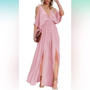 DEEP SELF Women Summer V Neck Cold Shoulder Short Sleeve Maxi Dress High Waist